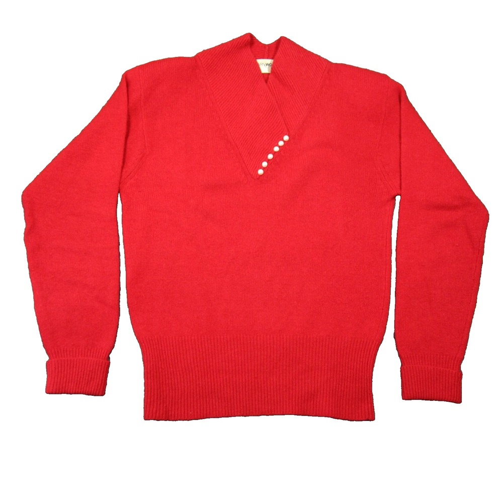 Vtg YarnWorks Sweater S Red Angora Lambswool Pearl Embellished Holiday‎ Soft 80s